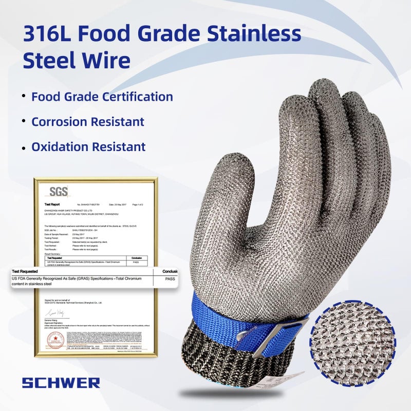 Schwer SlicePro ANSI A9 Cut Resistant Glove PR1706  Stainless Steel Mesh Metal Glove  Food Grade for Kitchen Cooking  Butcher Meat Cutting  Oyster Shucking  Mandoline  Non-PFAS (S  1 PCS) - Image 3